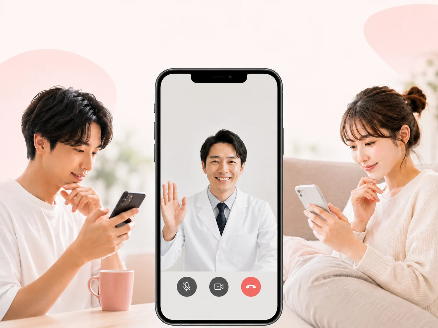 自宅からスマートフォンで医師のオンライン診療を受けるイメージ