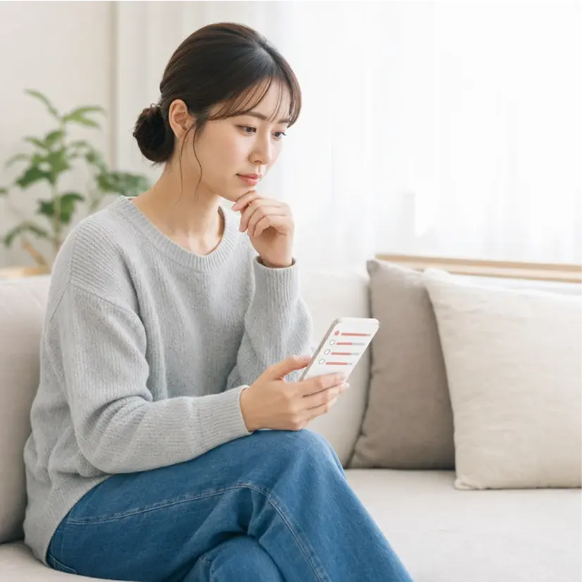 スマートフォンで症状を確認する女性