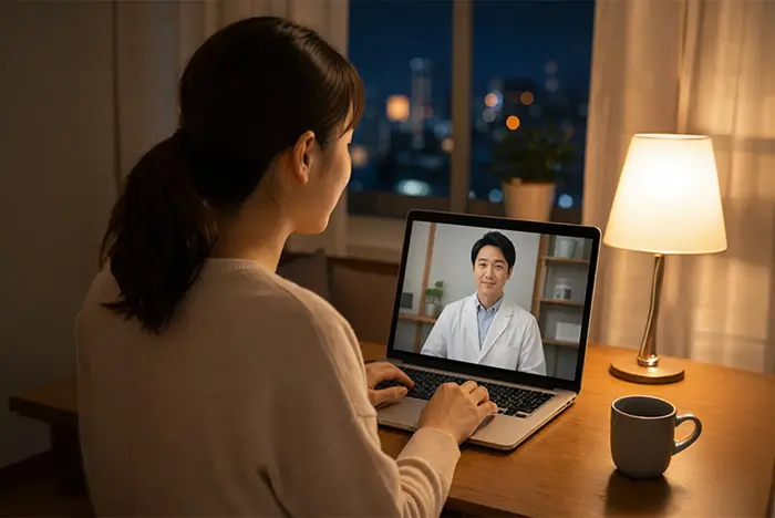 夜に自宅からオンライン診療を受ける女性
